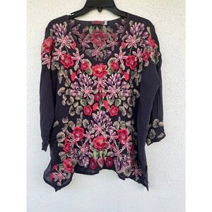 Johnny Was Silk Floral Embroidered V-Neck Blouse Tunic Navy Blue Womens Small